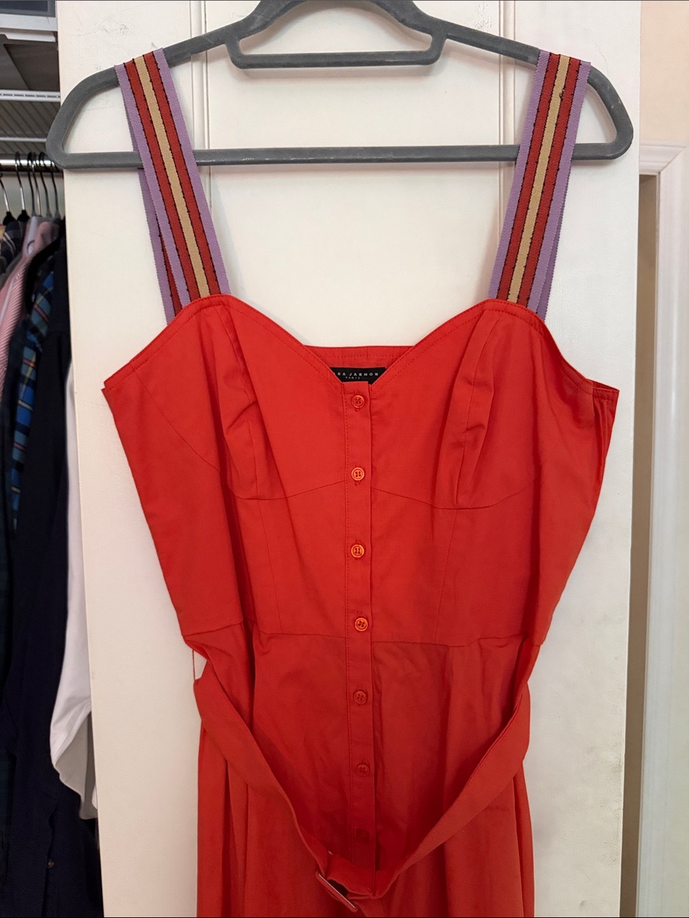 Tara Jarmon Paris Orange Sundress Striped Shoulder Straps Size 42 US 10 Large